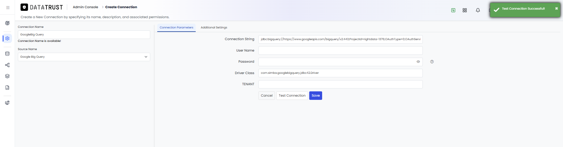 Test Connection Successful toast for BigQuery