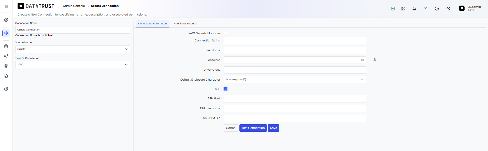 SSH checkbox ticked — SSH Host, SSH Username, and SSH PEM File fields now enabled and editable