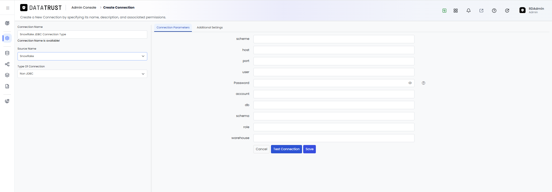 Snowflake JDBC connection form with standard fields and Private Key checkbox visible