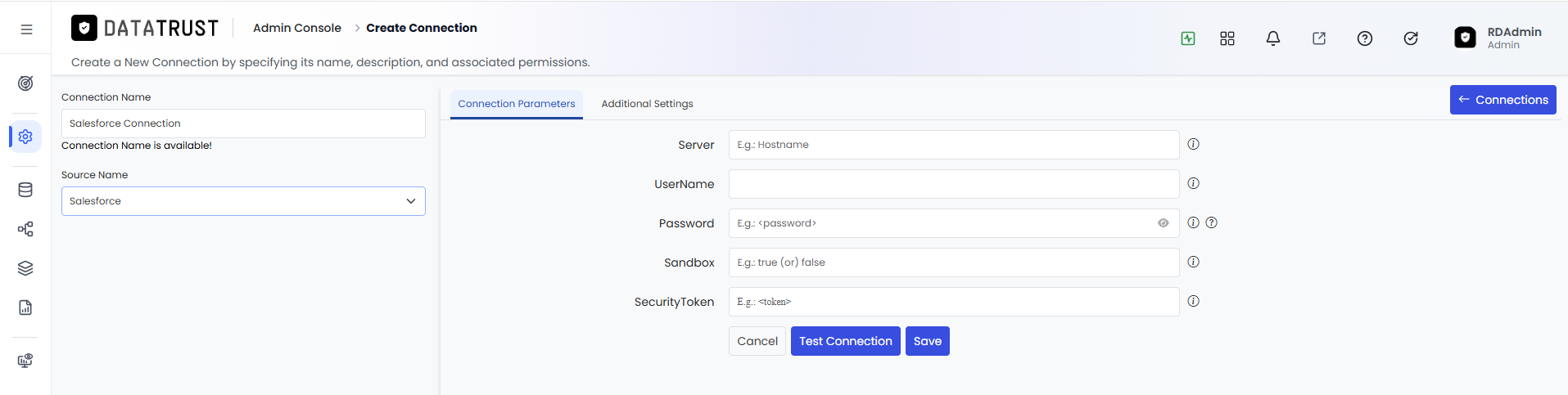 Connection Parameters tab for Salesforce showing Server, UserName, Password, Sandbox, and SecurityToken fields