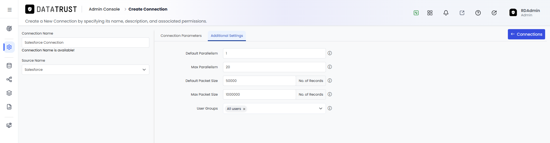 Additional Settings tab for the Salesforce connection