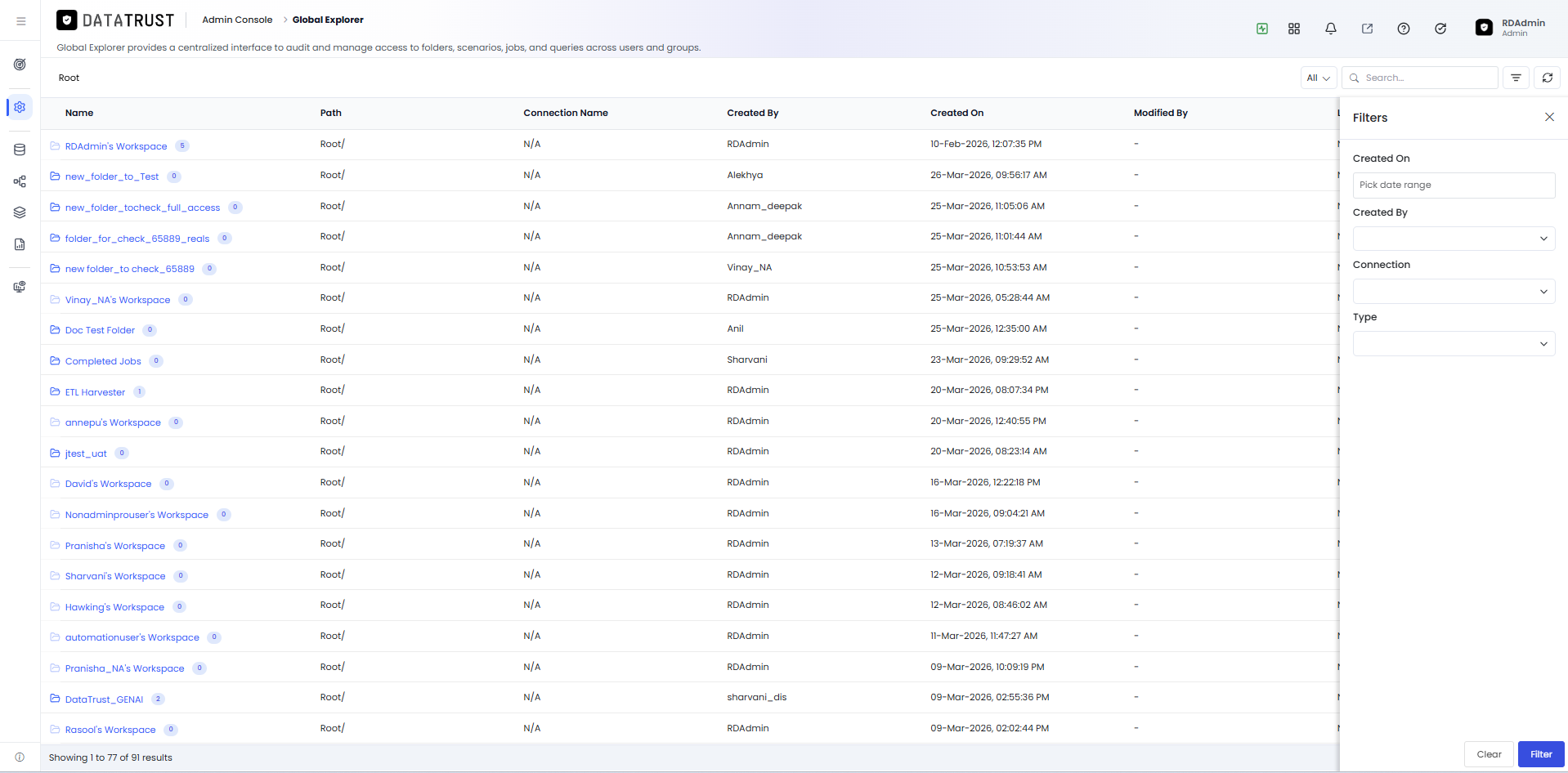 Filters panel open showing filter criteria fields