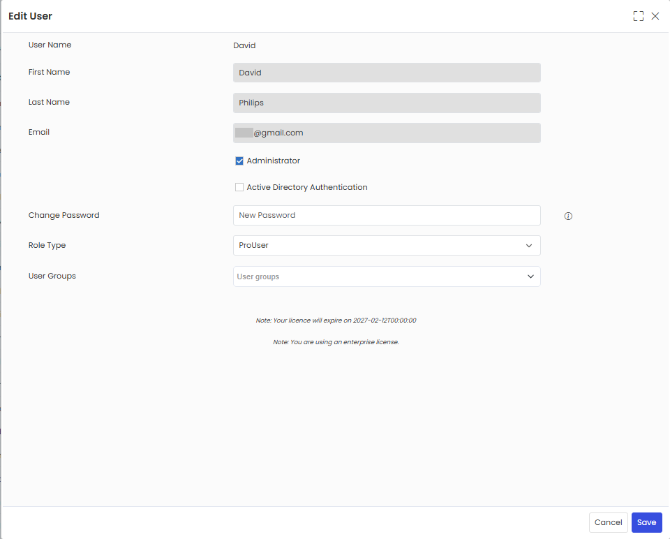 Edit User popup form