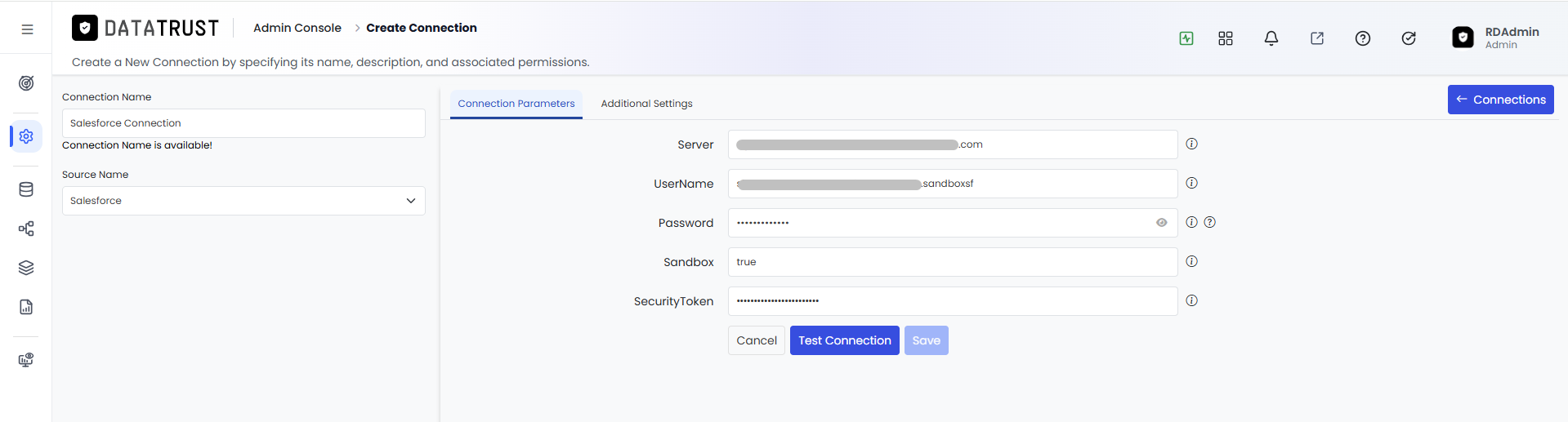 Connection Parameters tab with redacted credentials confirming data entry is complete