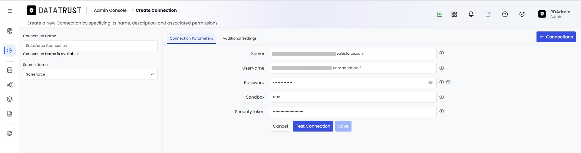 Test Connection button on the Create Connection page