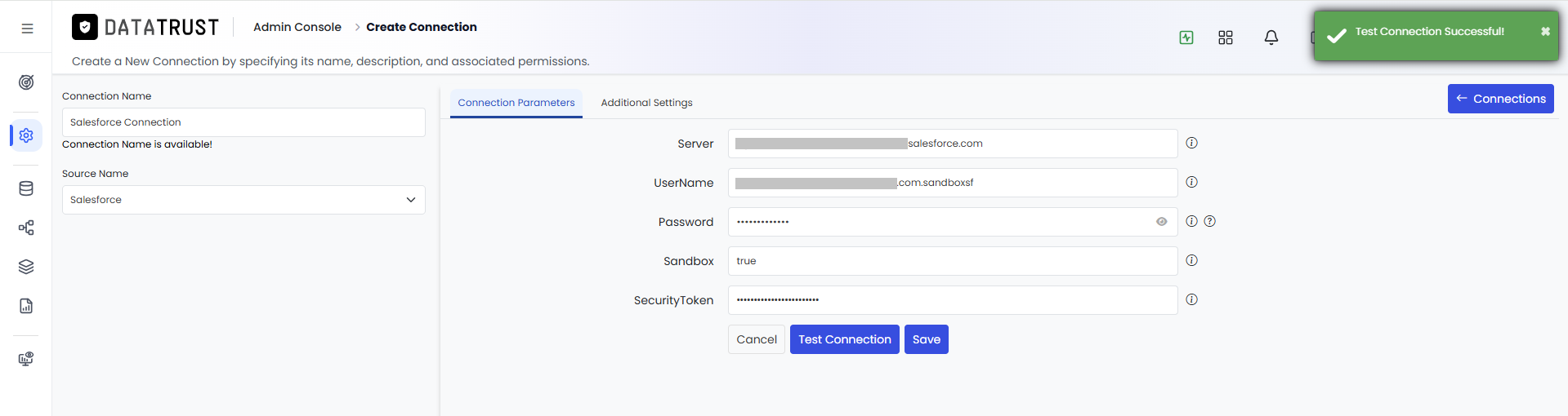 Test Connection Successful toast for Salesforce