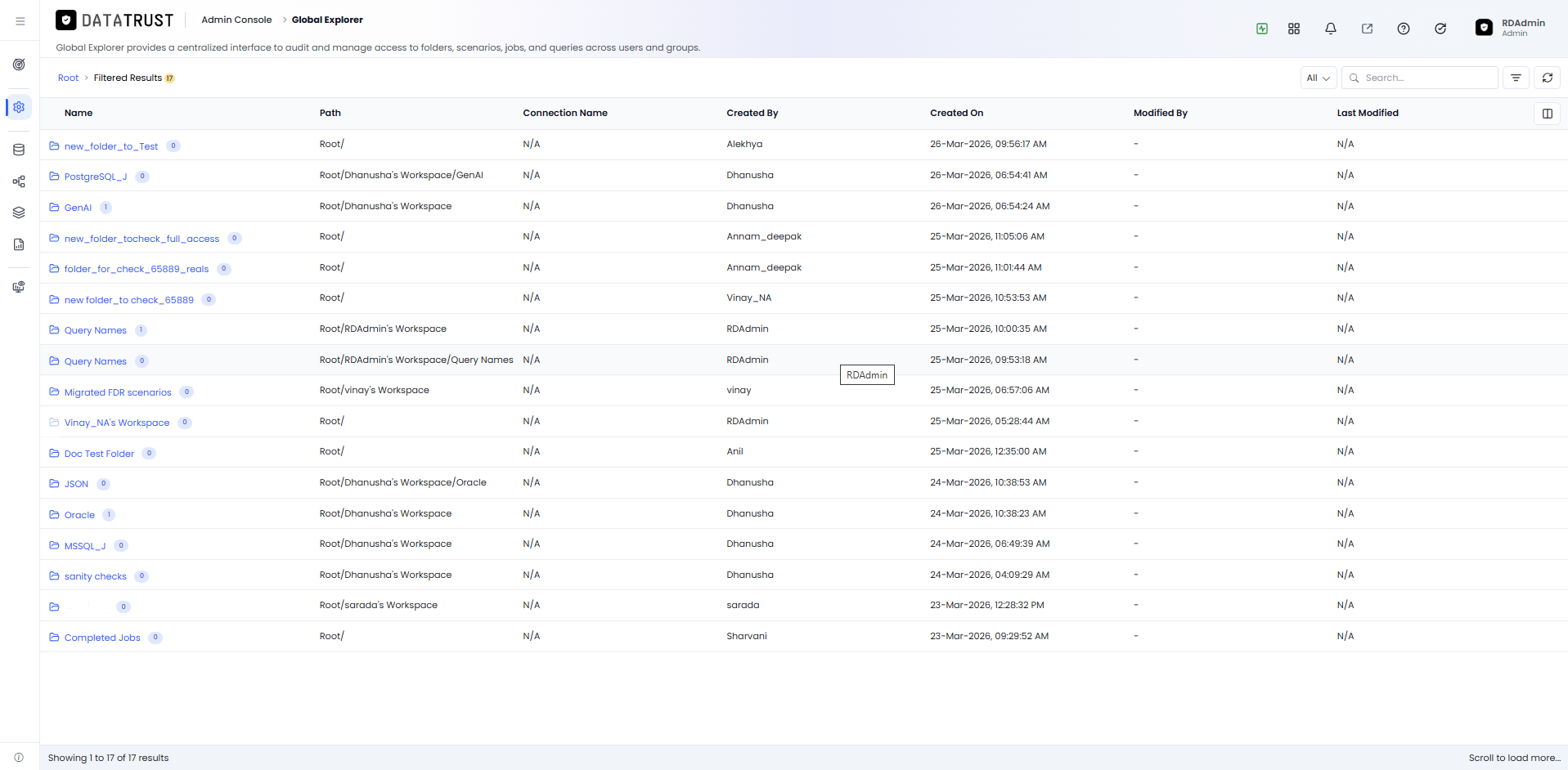 Global Explorer showing filtered results