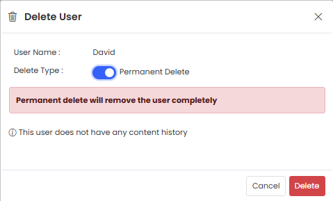 Delete User popup — Permanent Delete option