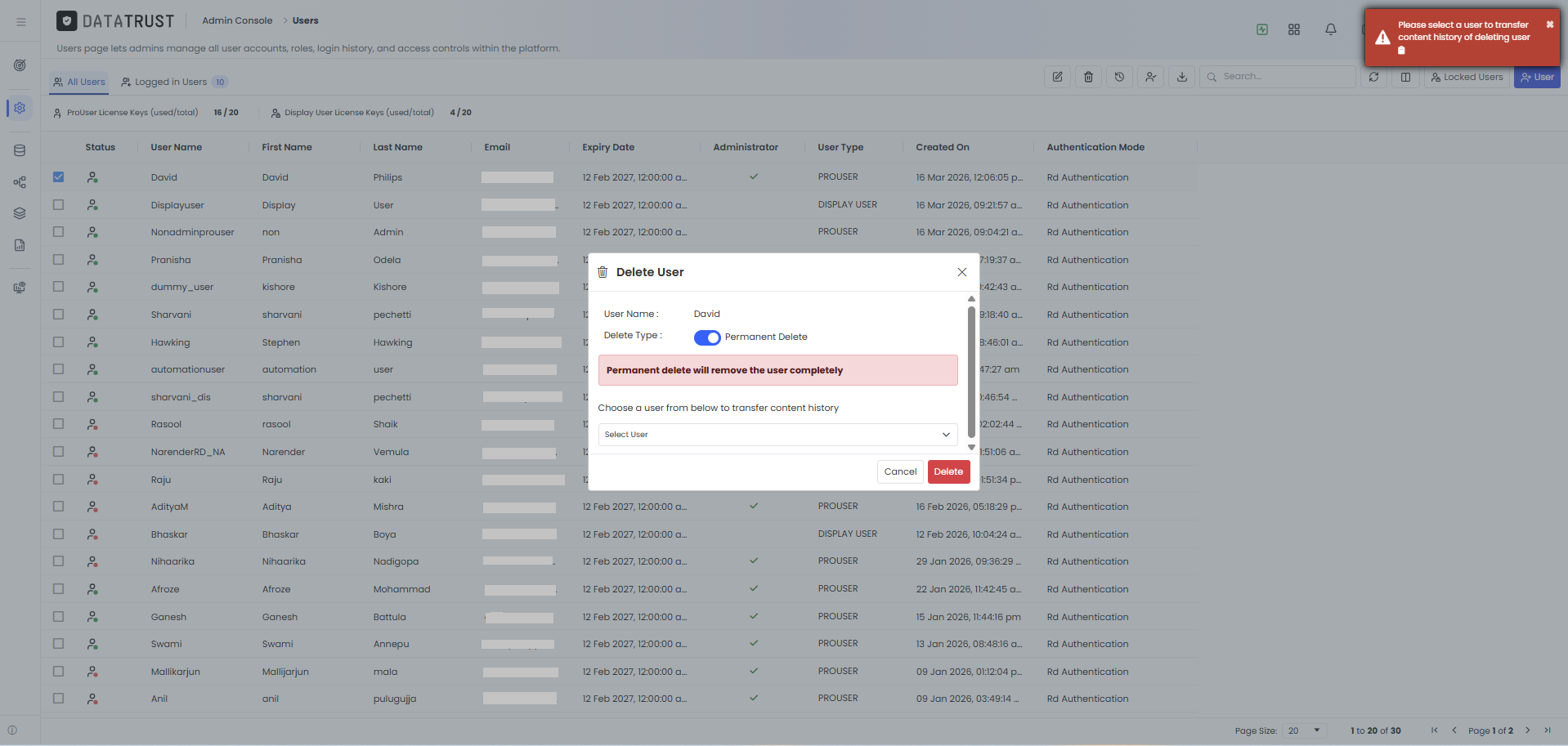 Delete error — user has associated data