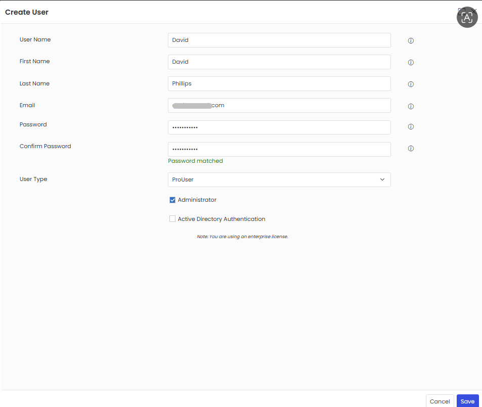 User details view after creation