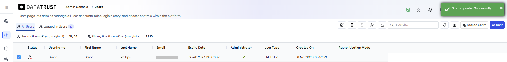 User inactivated successfully