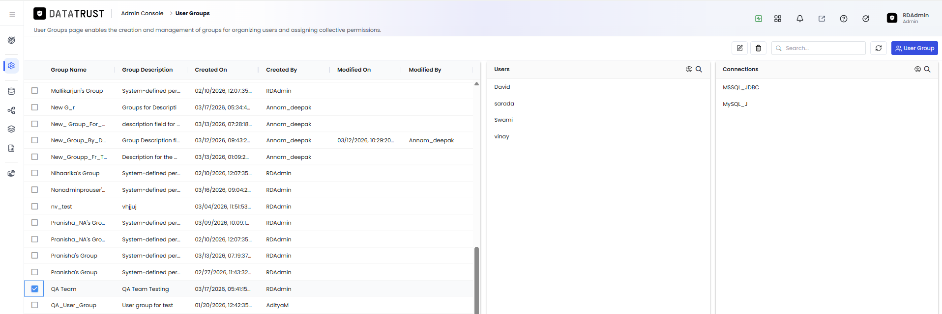 Group row selected showing Users and Connections columns with search icons