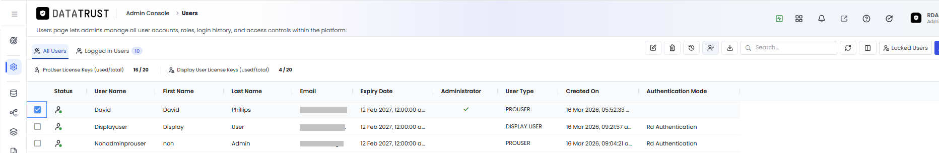 All Users tab with user selected