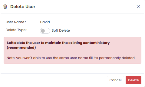 Delete User popup — Soft Delete option