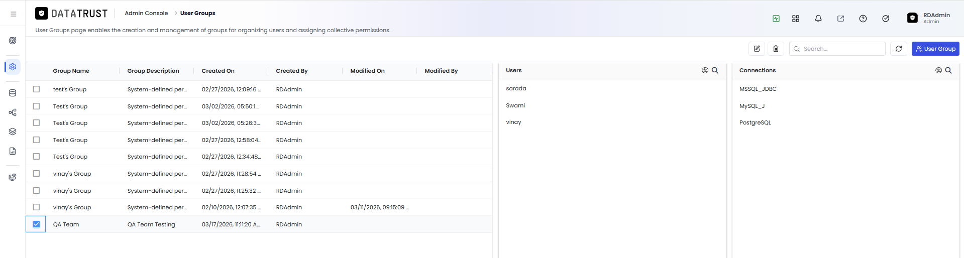 User Group row selected showing Add/Remove option