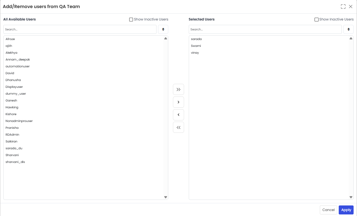 Add/Remove Users from QA Team popup