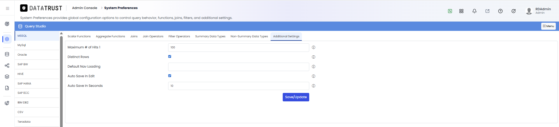 Menu button options in Query Studio