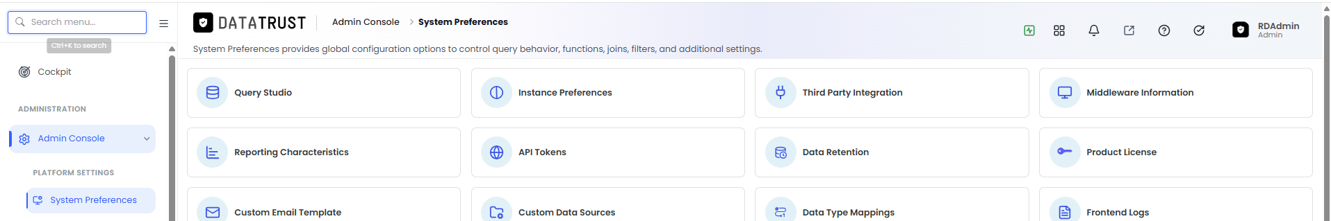 Admin Console — System Preferences landing page