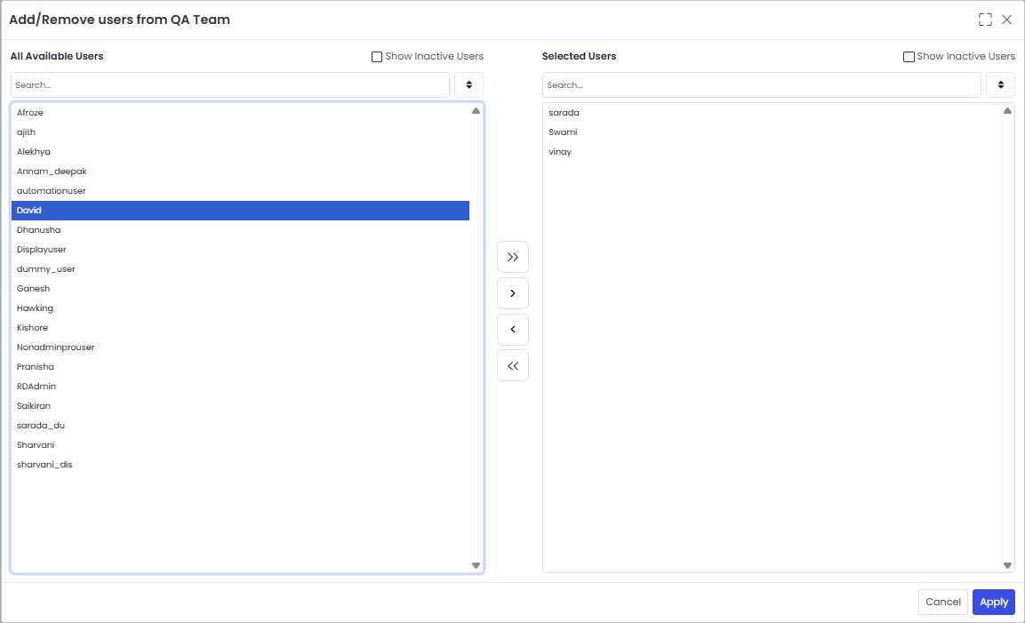 Moving David to Selected Users panel