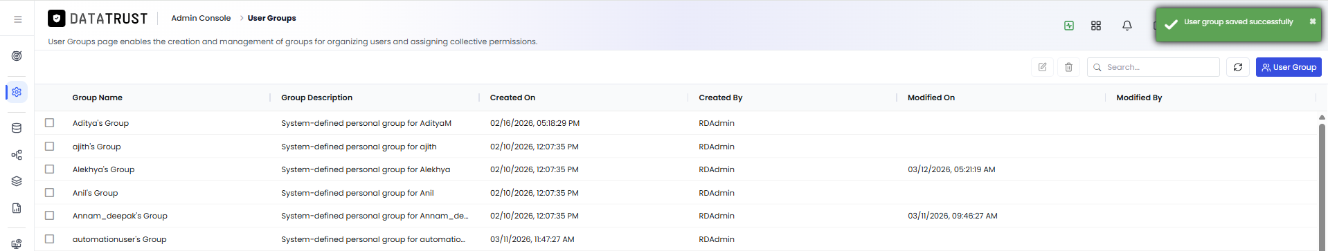 User Group created successfully