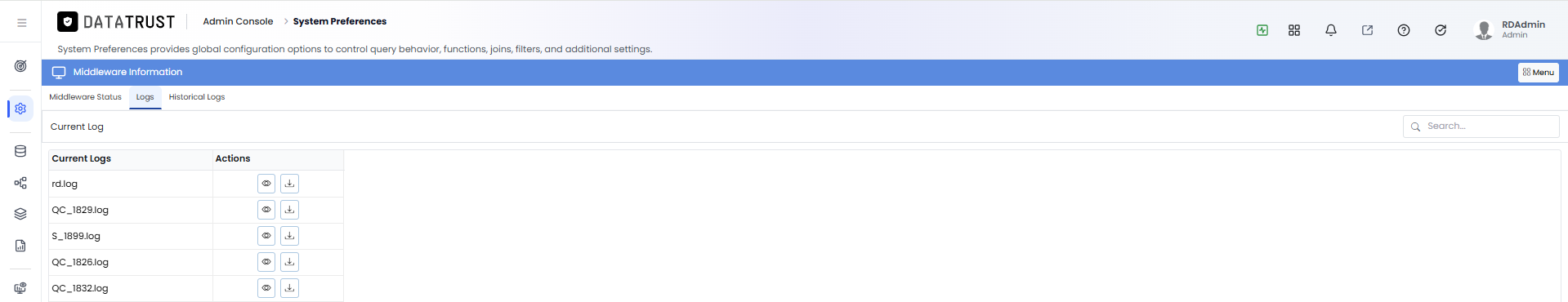 Logs tab — view and download options