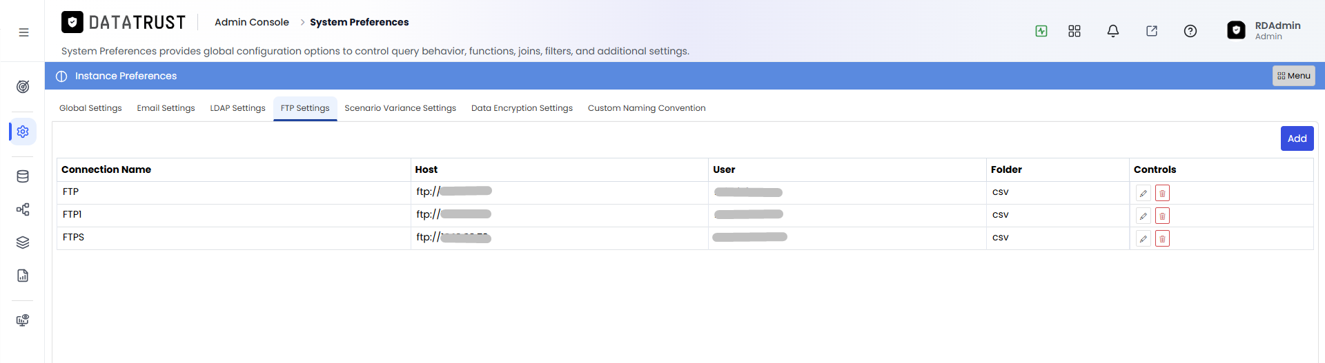 Menu button for FTP profile actions