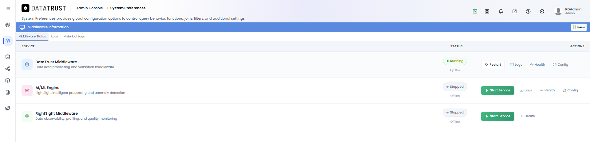 Middleware Status tab