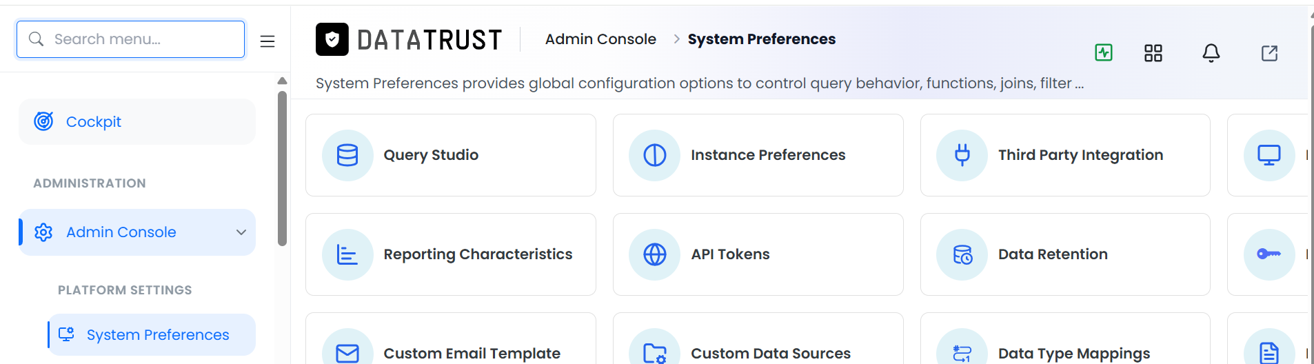 Admin Console — System Preferences landing page