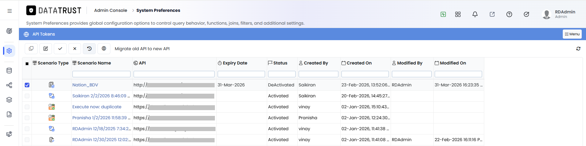 History button on token row