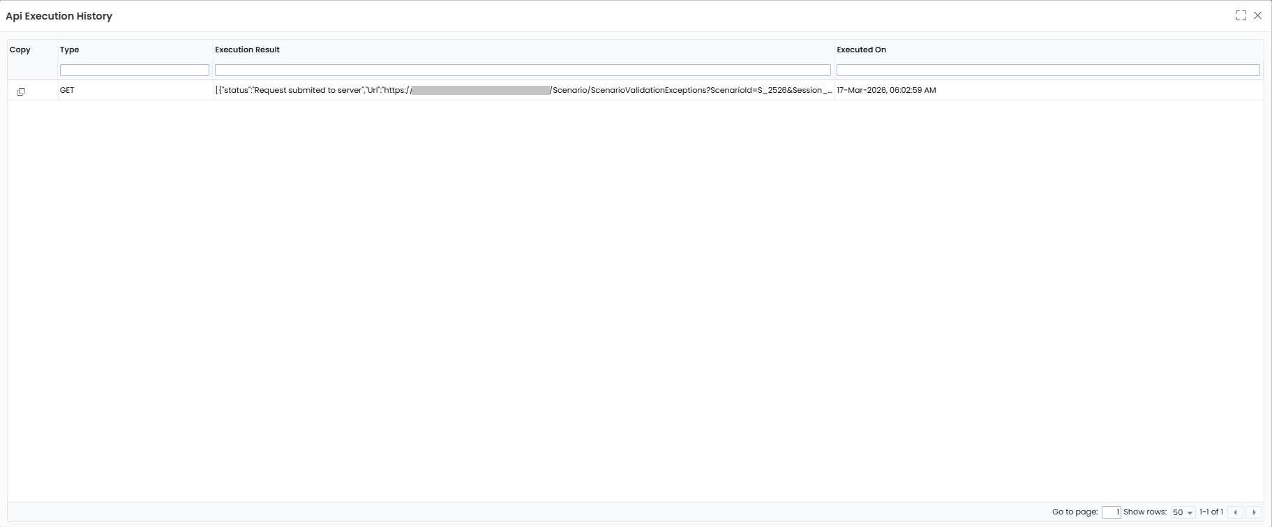 API Execution History log