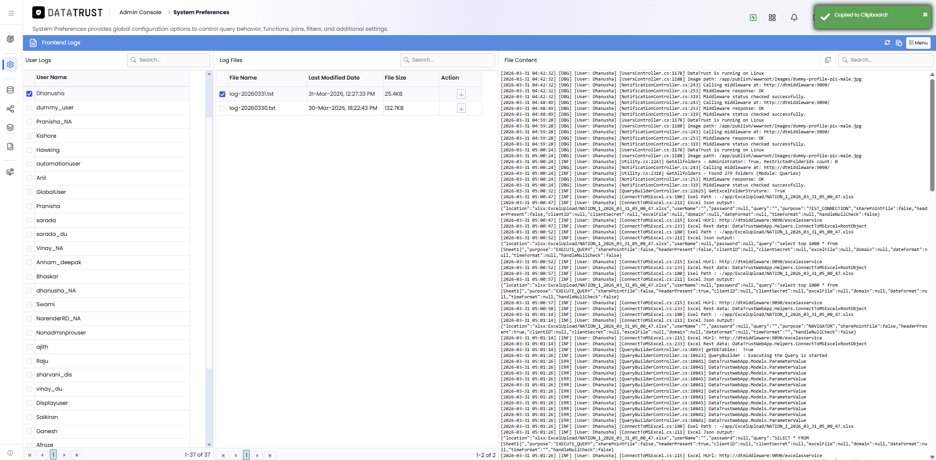 Copy log content to clipboard