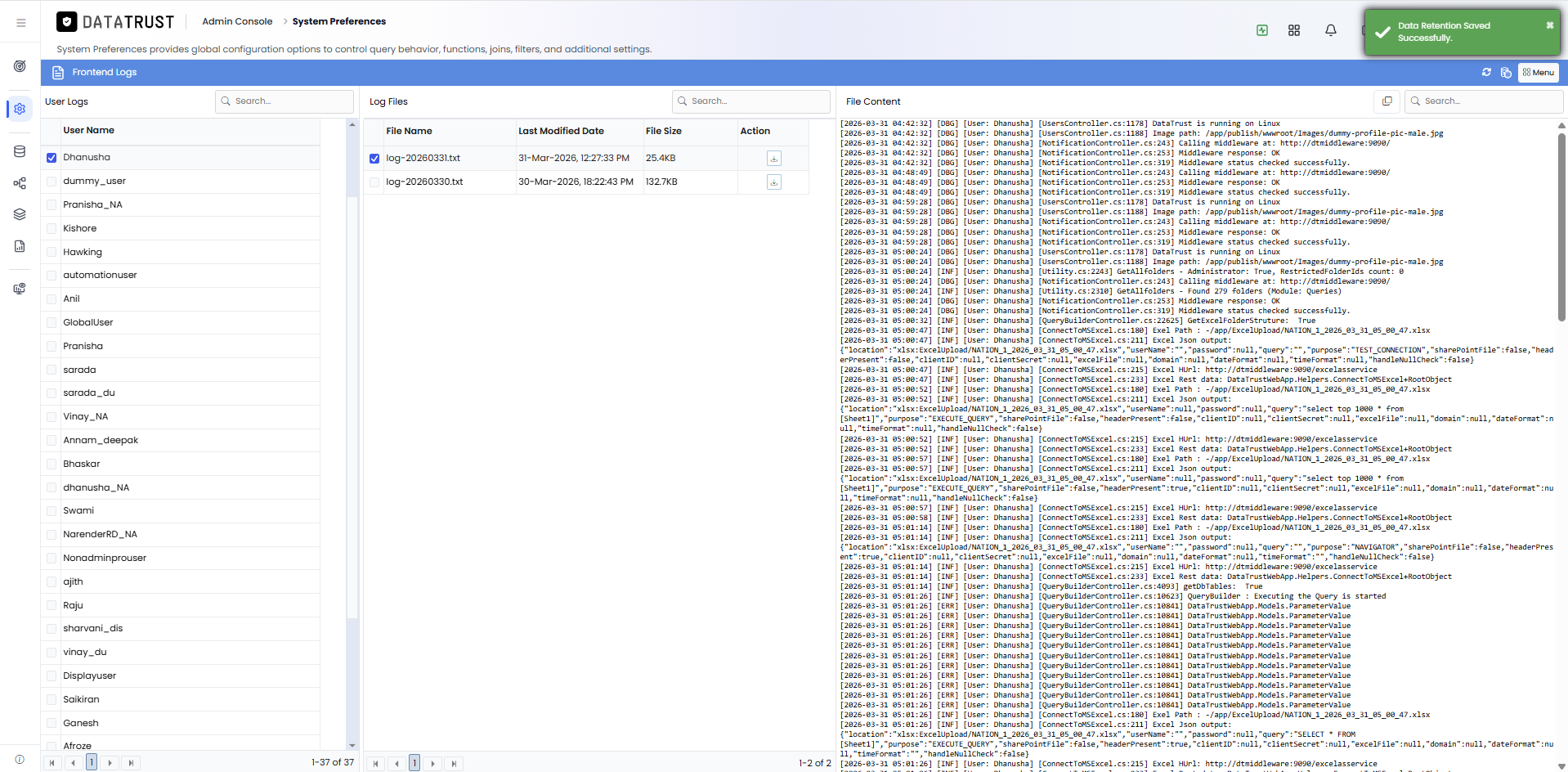 Data Retention saved successfully