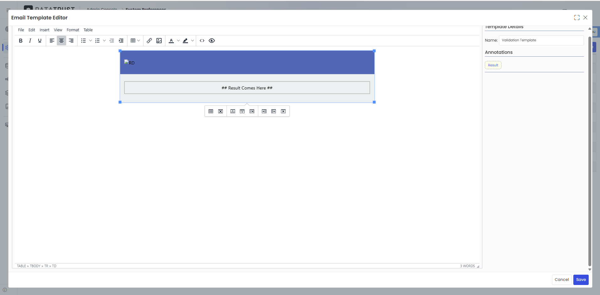 Validation Template view in editor
