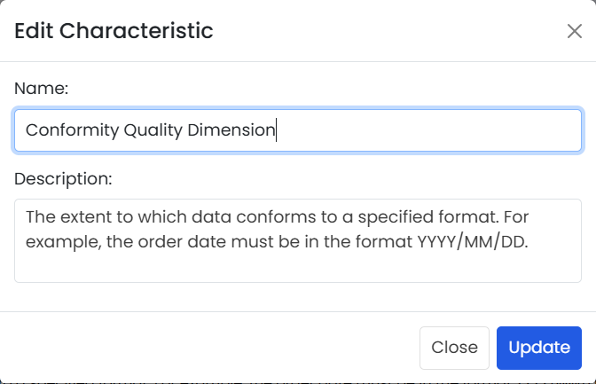 Edit Characteristic — Update button