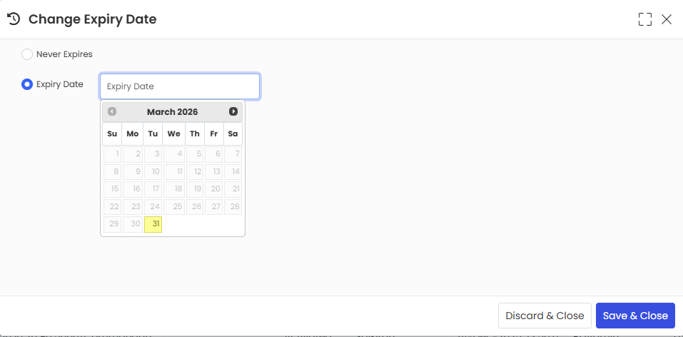 Expiry Date selection pop-up