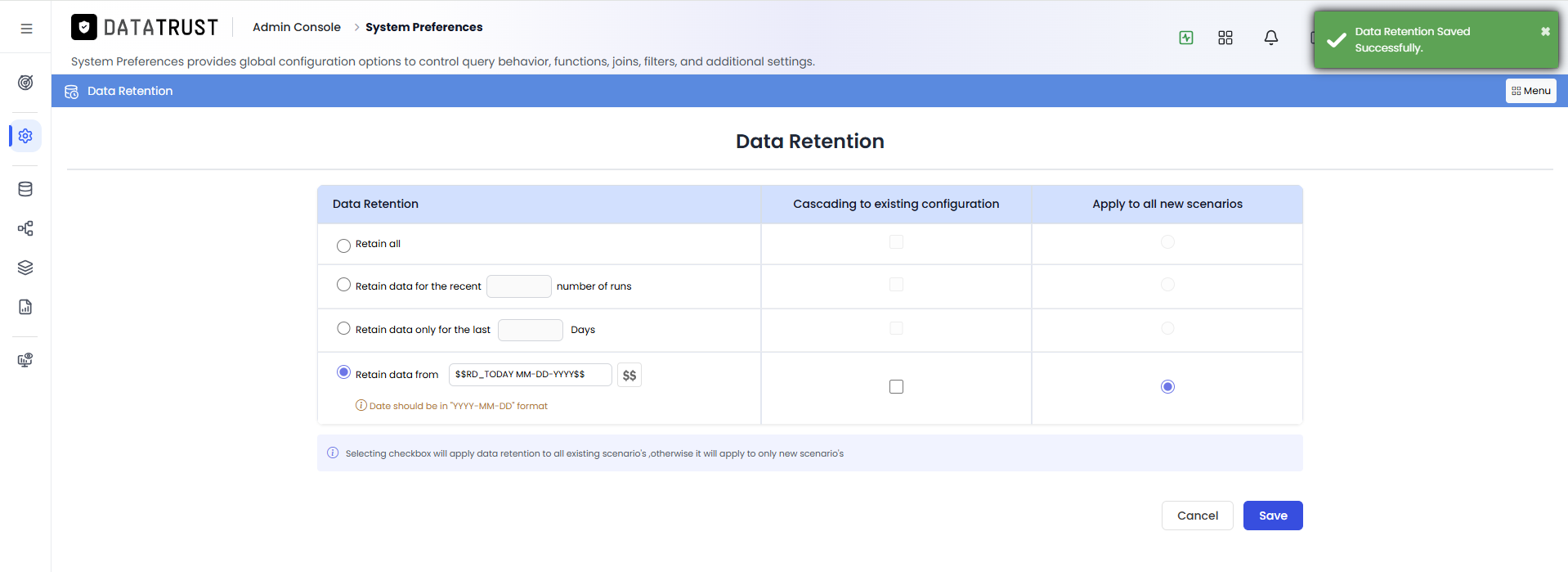 Data Retention saved successfully