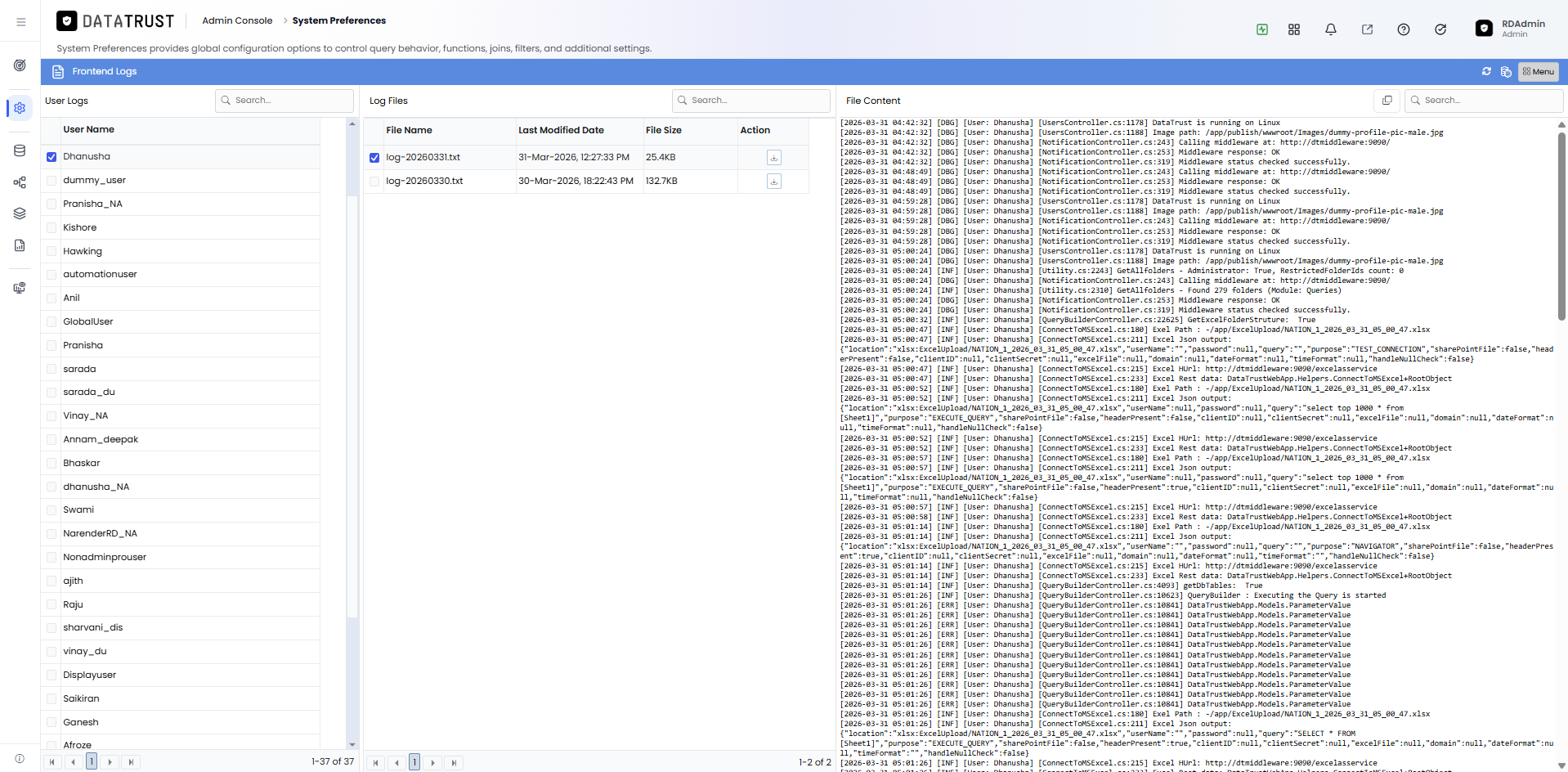 Menu button for additional log actions