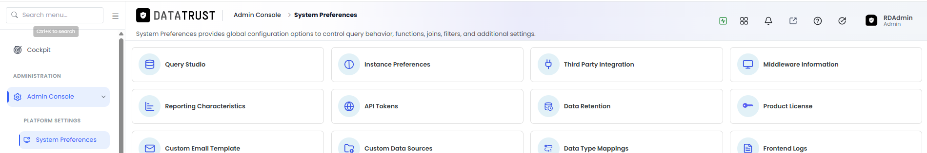 Admin Console — System Preferences landing page