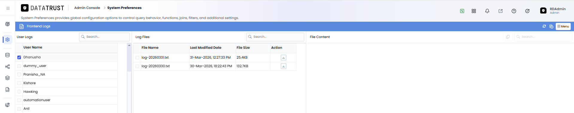 Download specific user logs