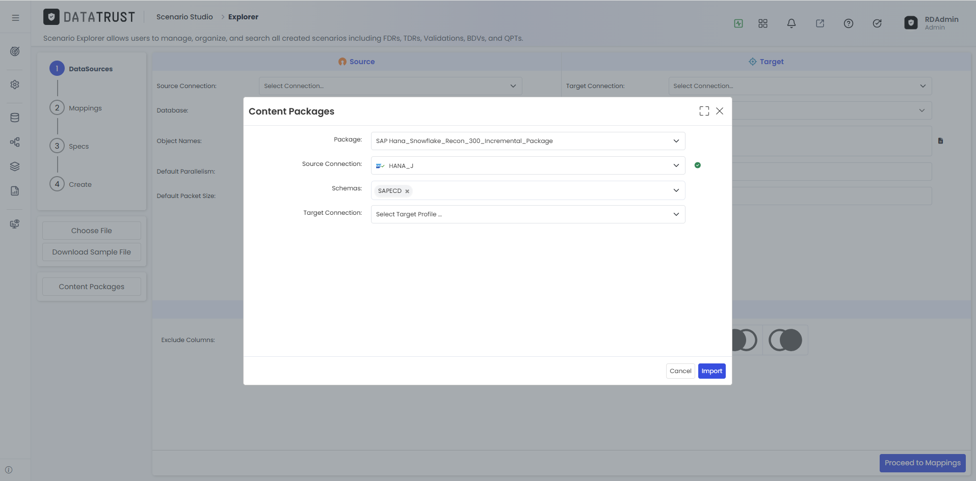 Source Profile and Schema selection