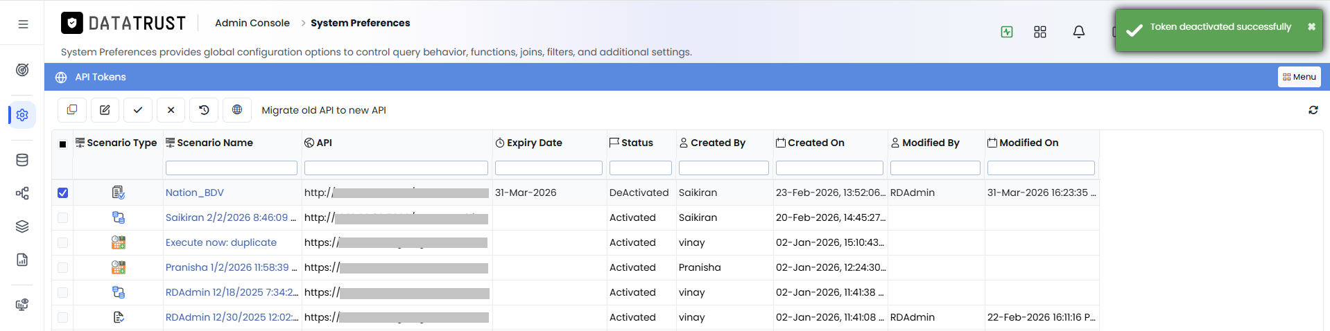 Token deactivated successfully