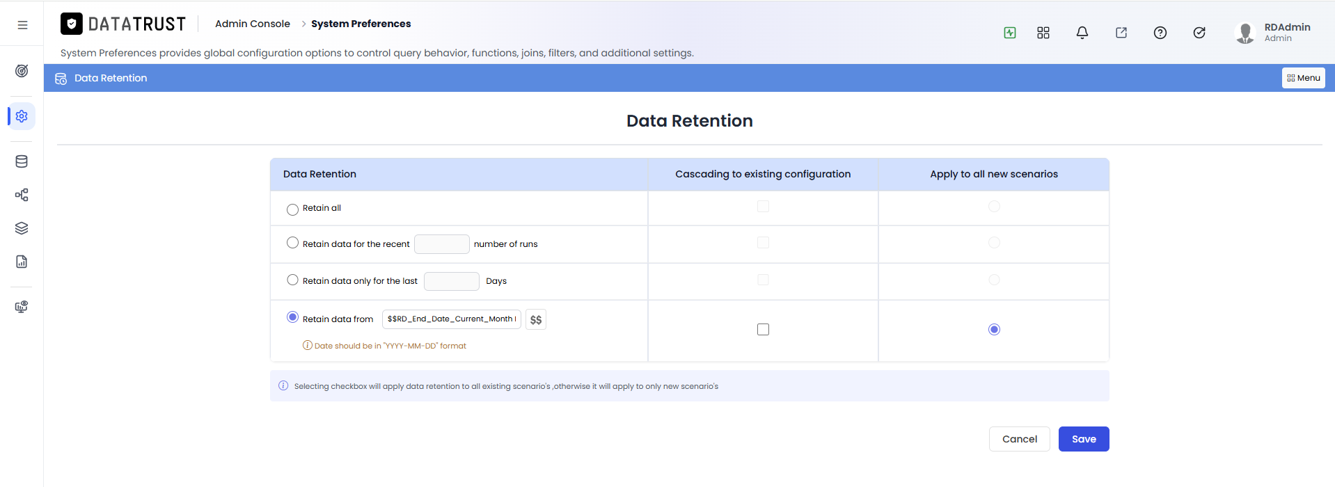 Retain data from — Variable option selected