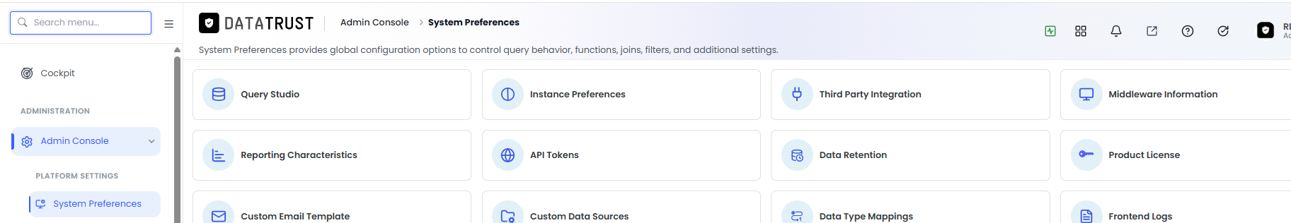 Admin Console — System Preferences landing page
