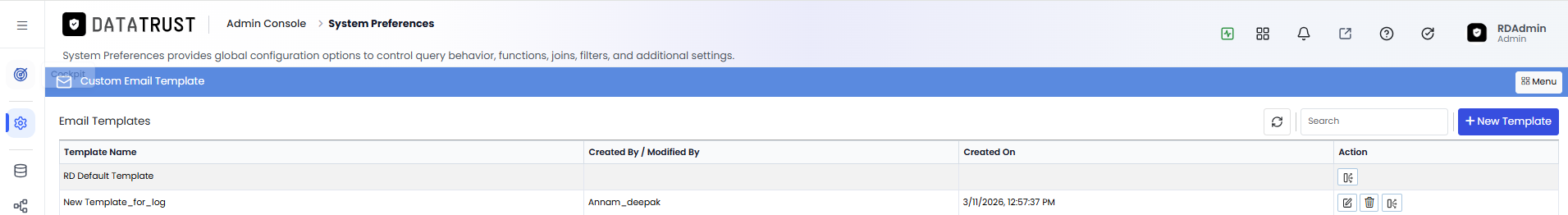 New Template button on Custom Email Template page