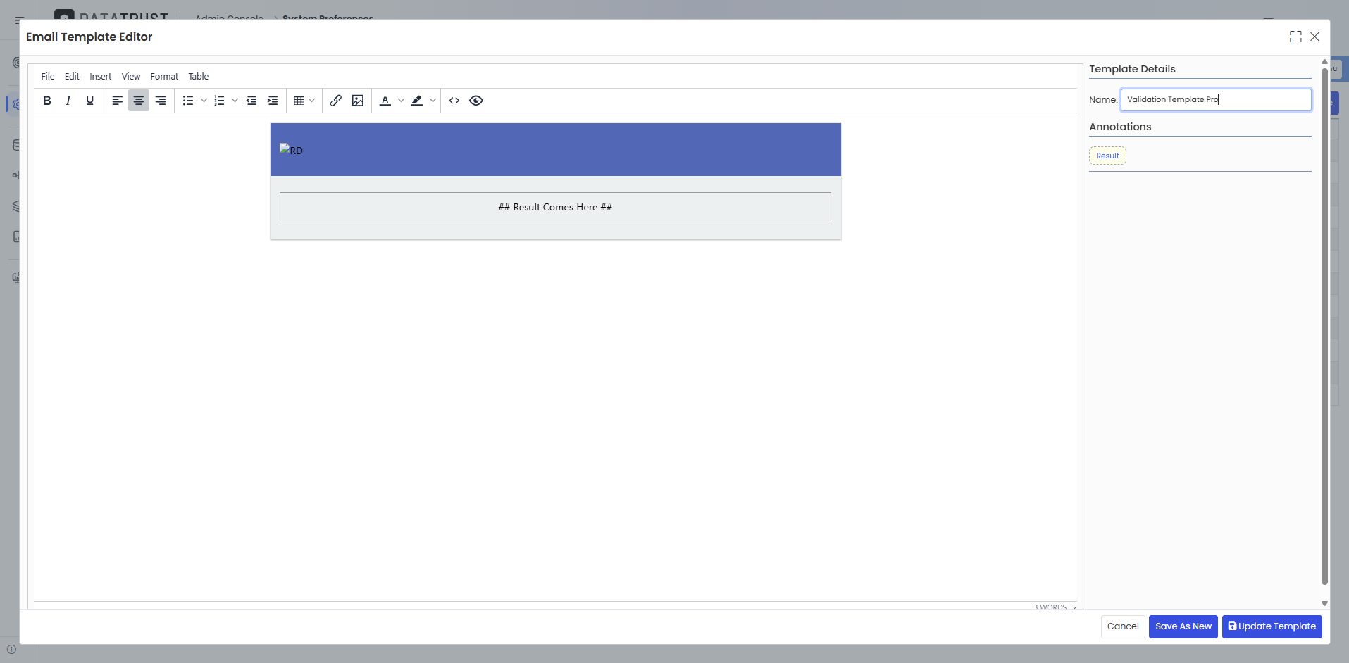 Update button in template editor