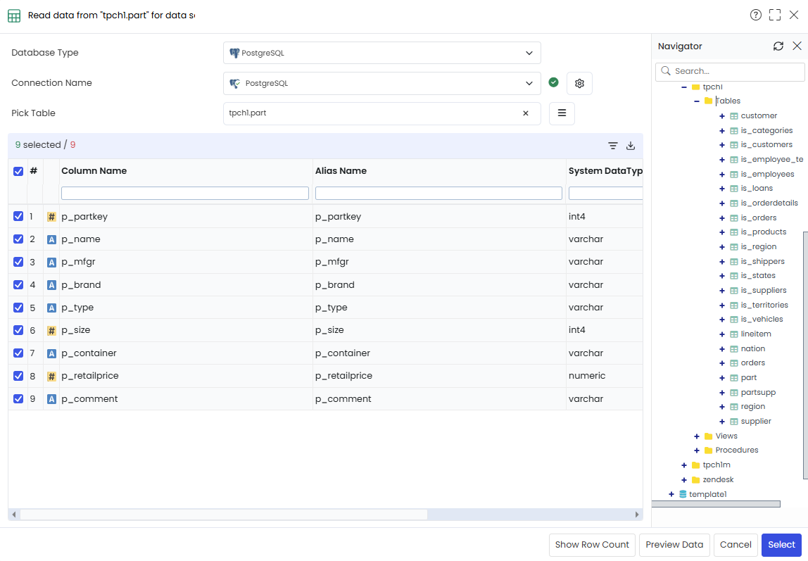 Select table and click on preview data button
