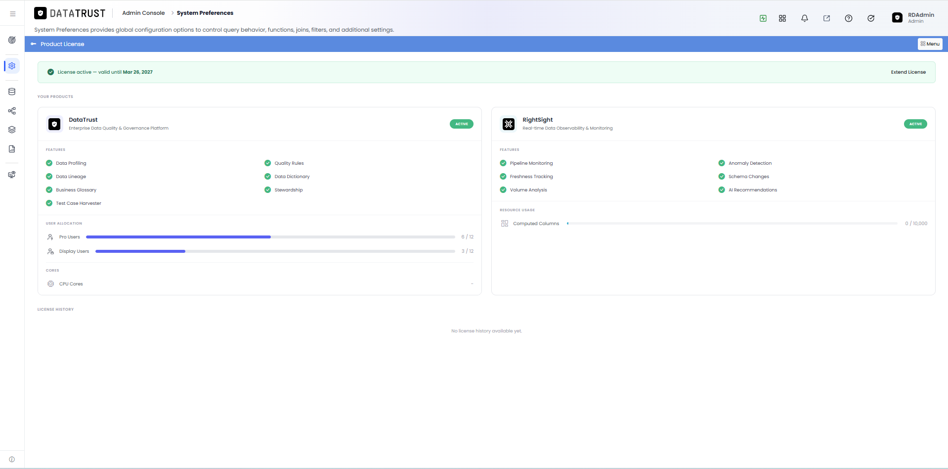 Product Licence page