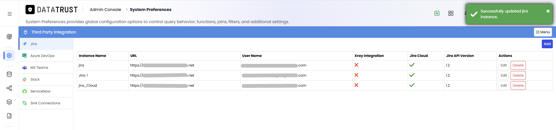 Jira instance updated successfully