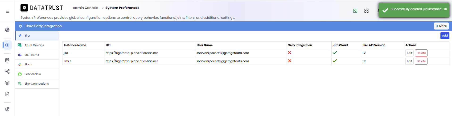 Jira instance deleted successfully