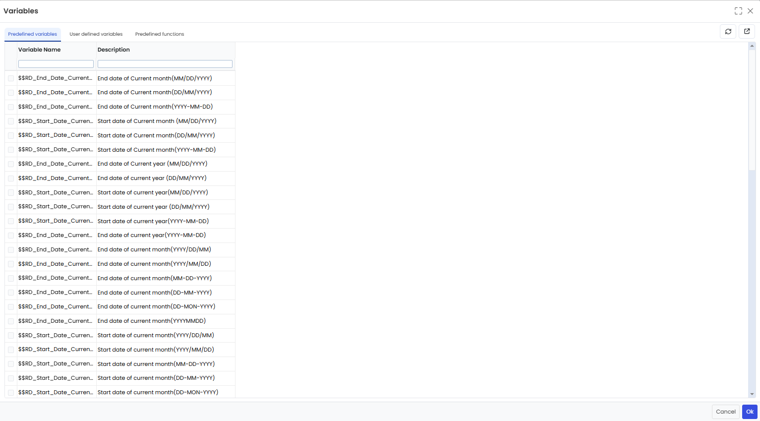 Predefined Variables list